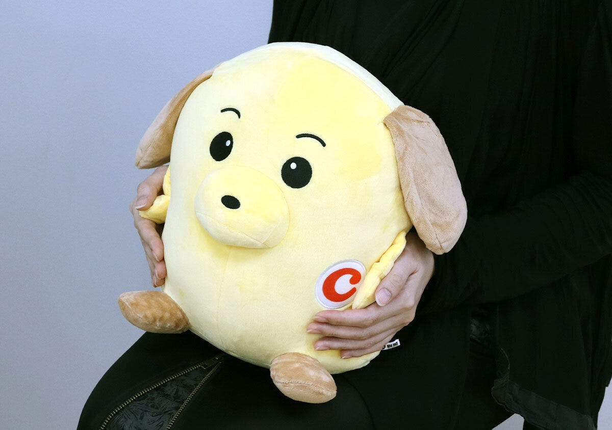 女性がカスタム君のぬいぐるみを膝に乗せて抱えている 女性がカスタム君のぬいぐるみを膝に乗せて抱えている