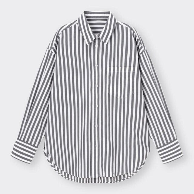 GU　着やせコーデ　体型カバー　ストライプオーバーサイズシャツ