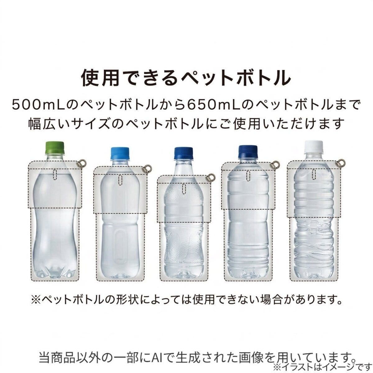 500~650mlの様々なペットボトル対応を示す図 500~650mlの様々なペットボトル対応を示す図
