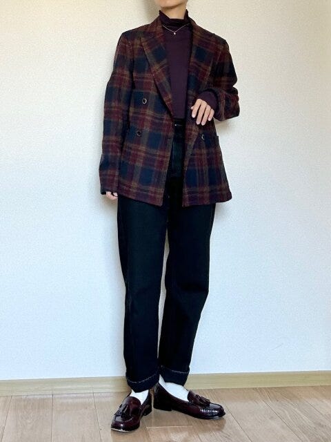 ユニクロ　シアージャージータートルネックT　チェックジャケットコーデ