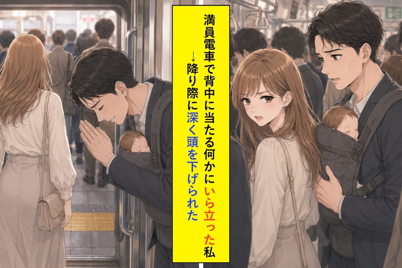 満員電車で背中に当たる何かにいら立った私が、降り際に深く頭を下げられた話