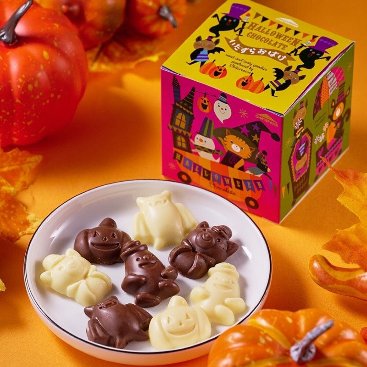 ハロウィン柄の箱と、おばけやカボチャの形をしたチョコレートが皿に盛られている様子