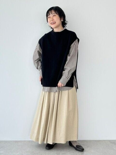 ストライプシャツ　コーデ　秋