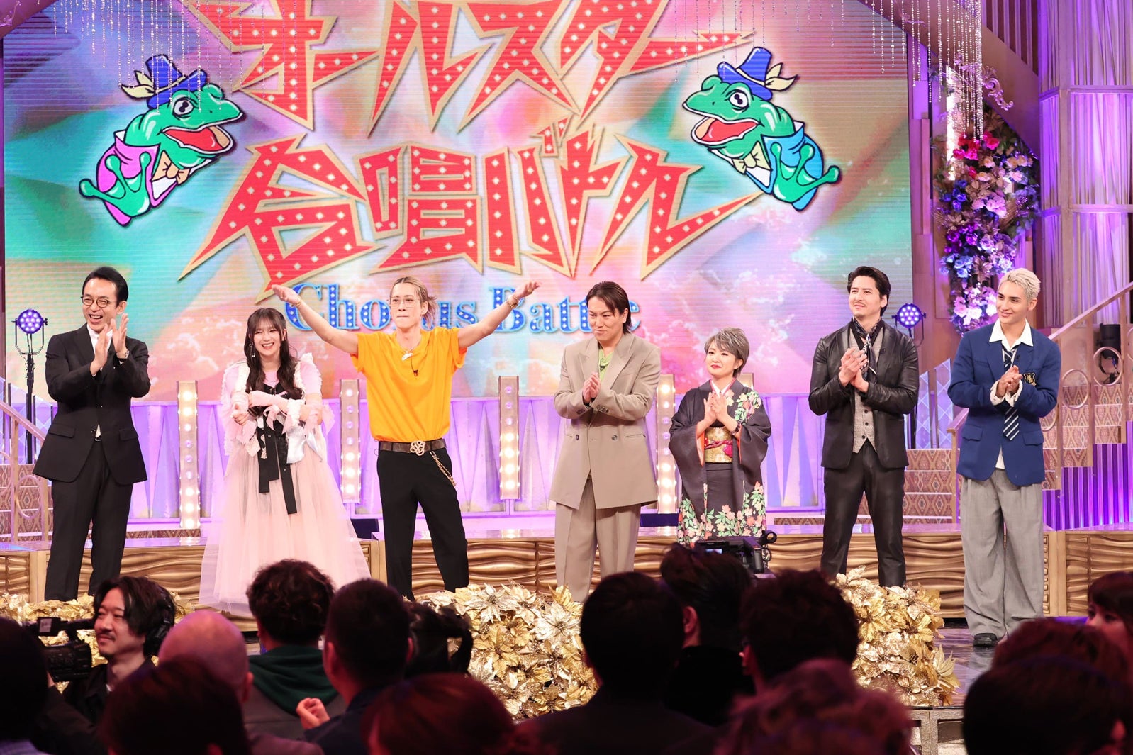 （左から）福澤朗、愛来（AMEFURASSHI）、もーりー、狩野英孝、さくらまや、伊礼彼方、RIOSKE（ペルピンズ）（C）フジテレビ