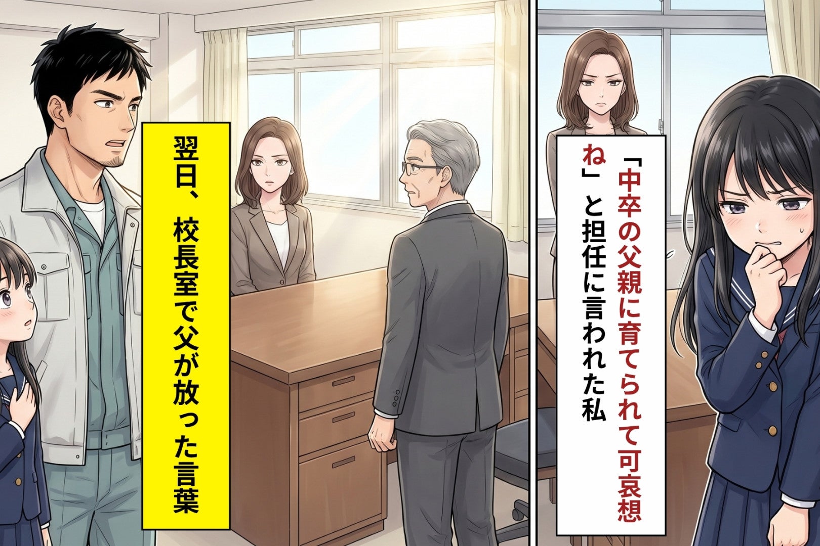 「中卒の父親に育てられて可哀想ね」と担任に言われた私→校長室で父が口にした一言