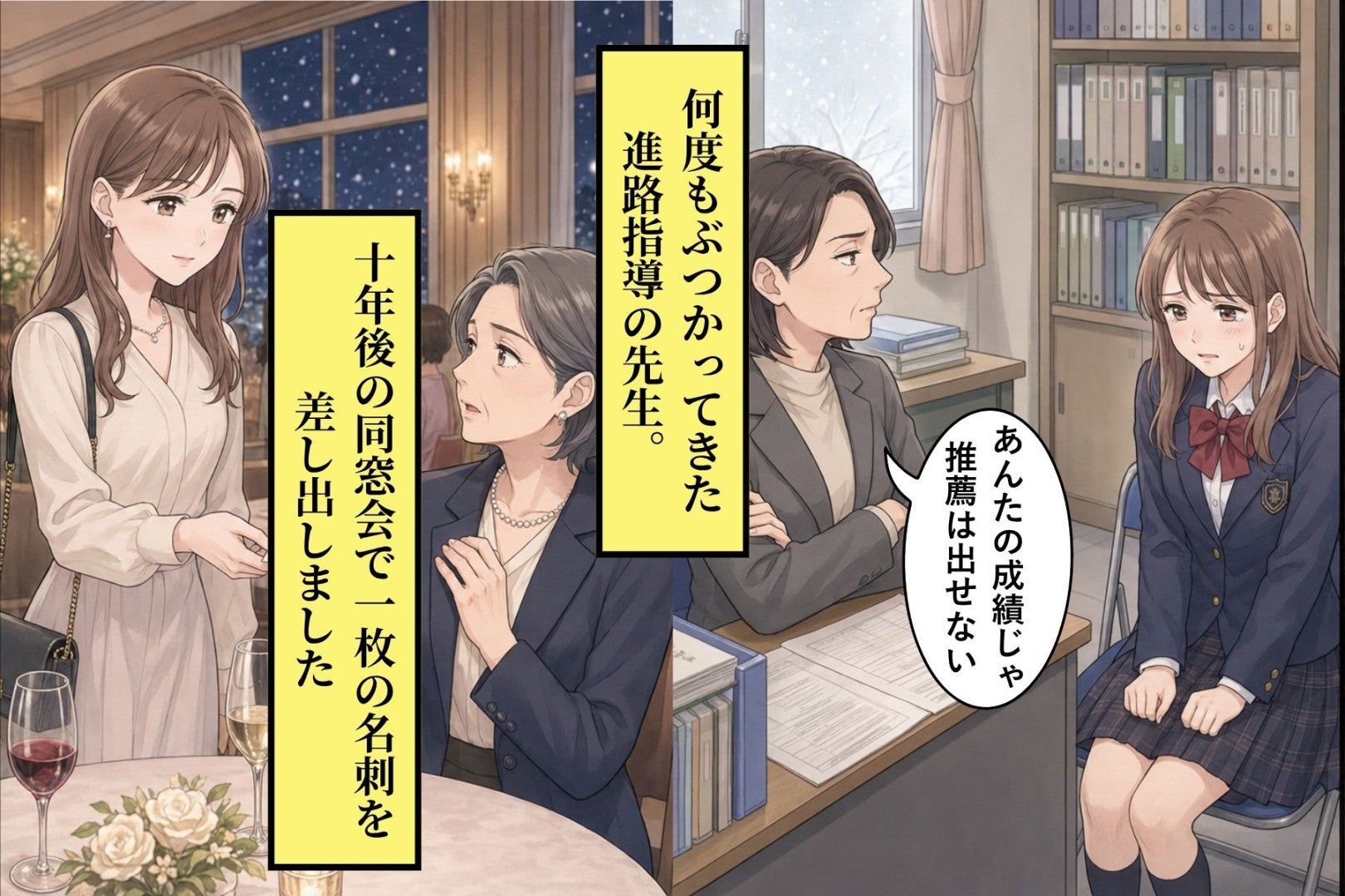 「あんたの成績じゃ推薦は出せない」と切り捨てた進路指導の先生に、10年後の同窓会で差し出した一枚の名刺