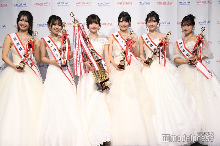 「MISS OF MISS CAMPUS QUEEN CONTEST 2025」受賞者(左から)⼭⽥普⽉さん、磯邉明⽇菜さん、橋本菜々子さん、堤彩乃さん、町さくらさん、下条美沙季さん(C)モデルプレス