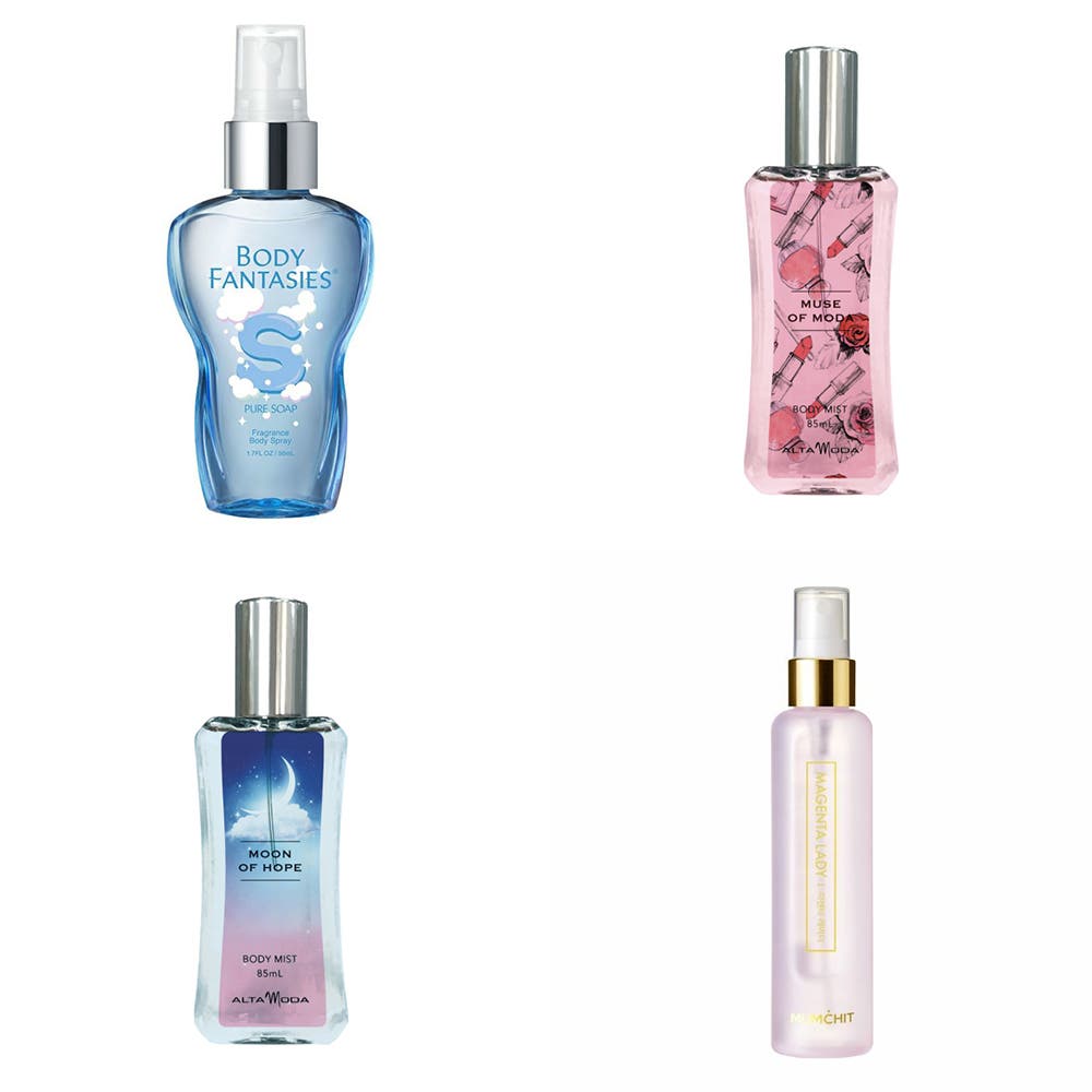 (左上から)【ボディファンタジー】ボディファンタジー ボディスプレー ピュアソープ、【アルタモーダ】ミューズオブモーダ ボディミスト(左下から)【アルタモーダ】ムーン オブ ホープ ボディミスト、【モムチ】モムチ パフュームヘア&ボディミスト マゼンタレディ