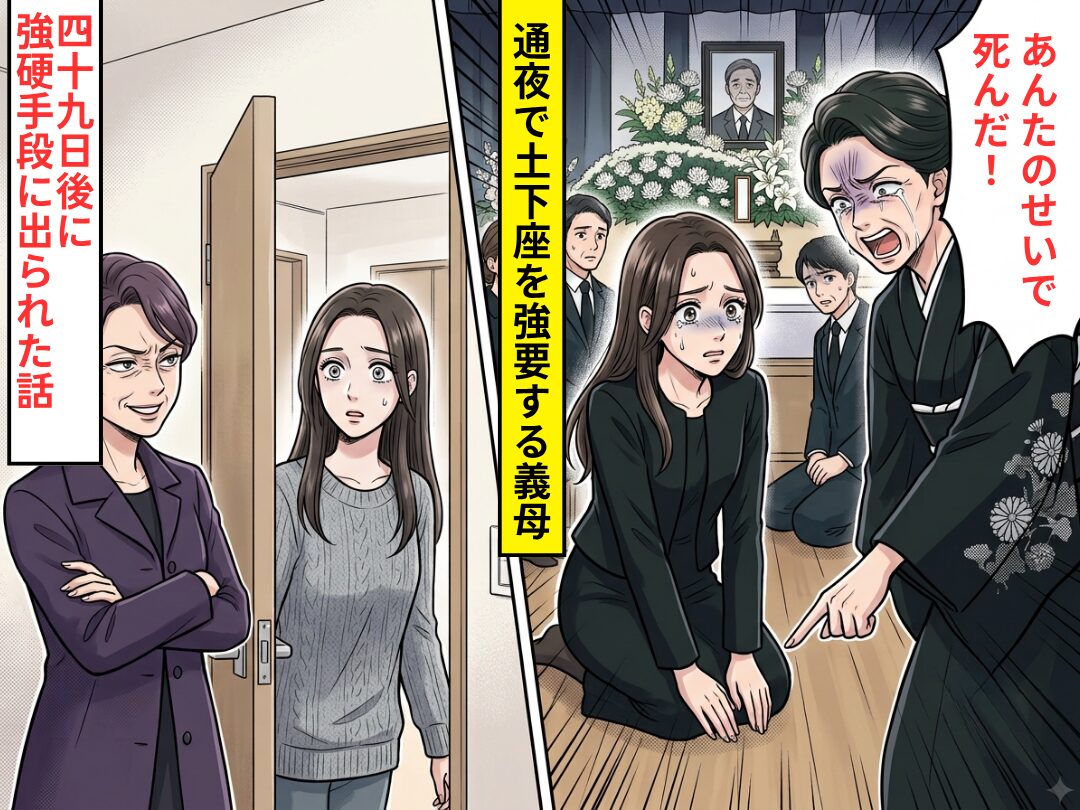 夫の通夜で…「あんたのせいで死んだ！」土下座を強要する義母！？さらに⇒四十九日後に強硬手段を取られた話