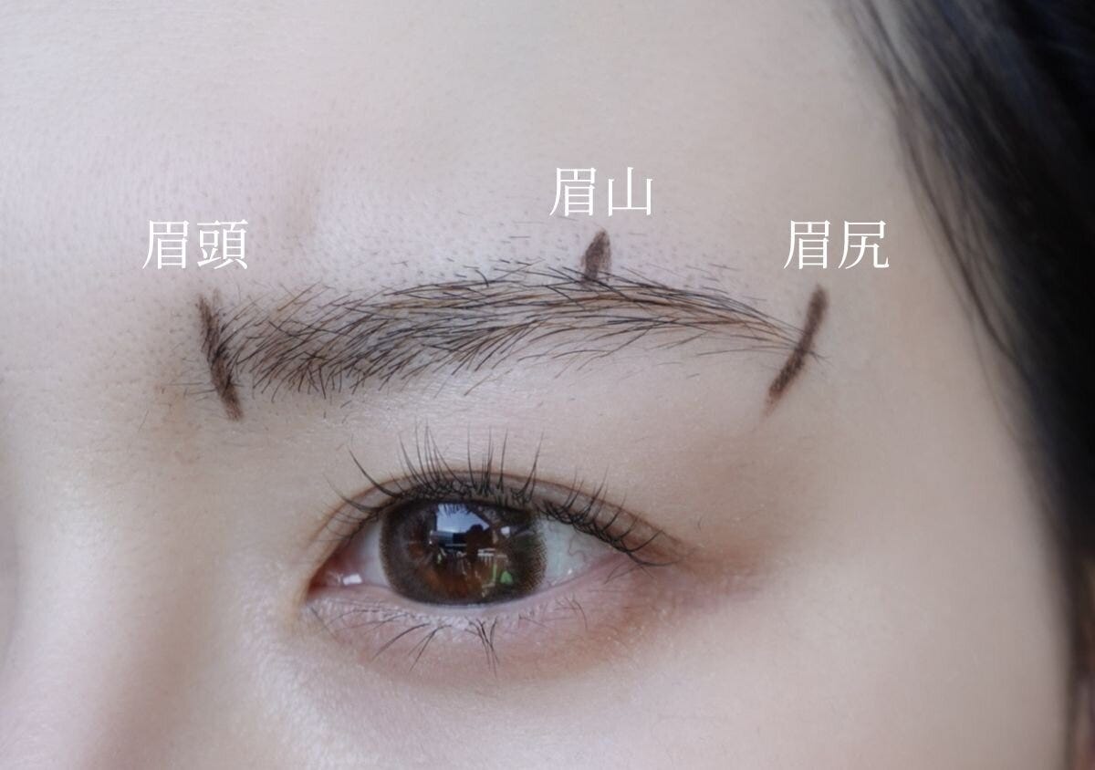 眉頭・眉山・眉尻の位置を示した目元のアップ写真