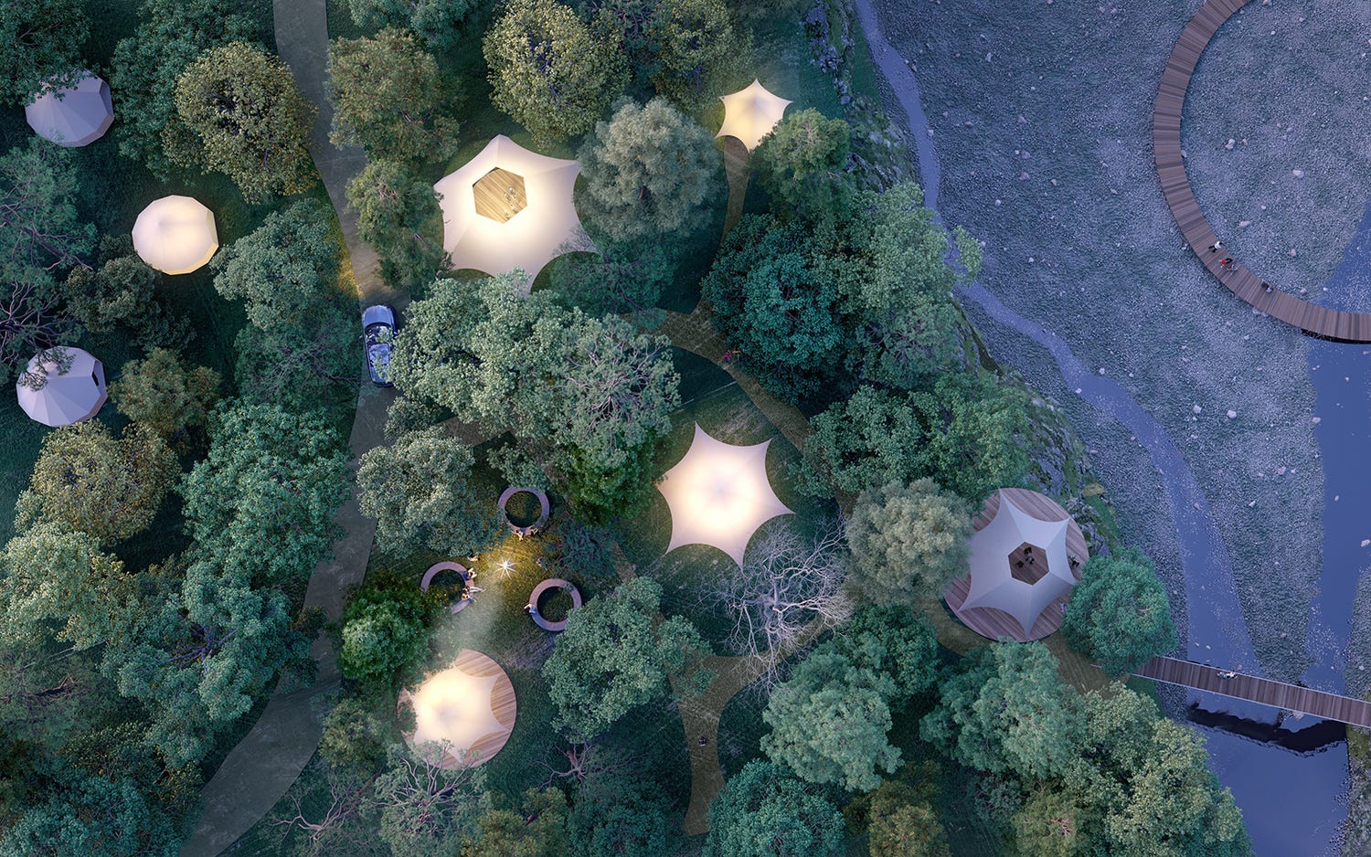 三重にアウトドア施設「Hygge Circles Ugakei」2021年開業、テントやコテージ泊で自然満喫