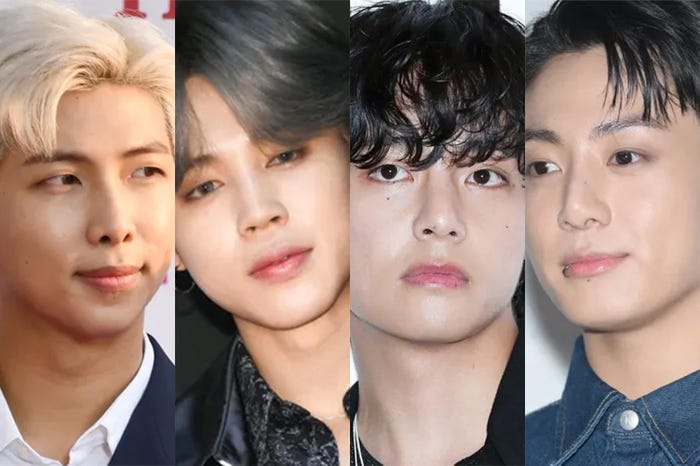 RM/Photo by Getty Images、JIMIN(C)モデルプレス、V/Photo by Getty Images、JUNG KOOK(ジョングク)(C)モデルプレス