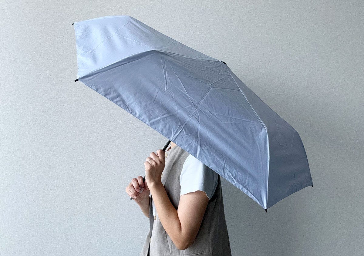 淡い紫色の折りたたみ傘を差して顔を隠している人物の横顔