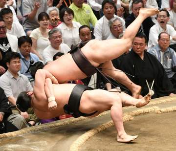 大関の霧島が顔から流血のアクシデント ただひとり勝ち越し決定も土俵下へ顔から落下 場内騒然