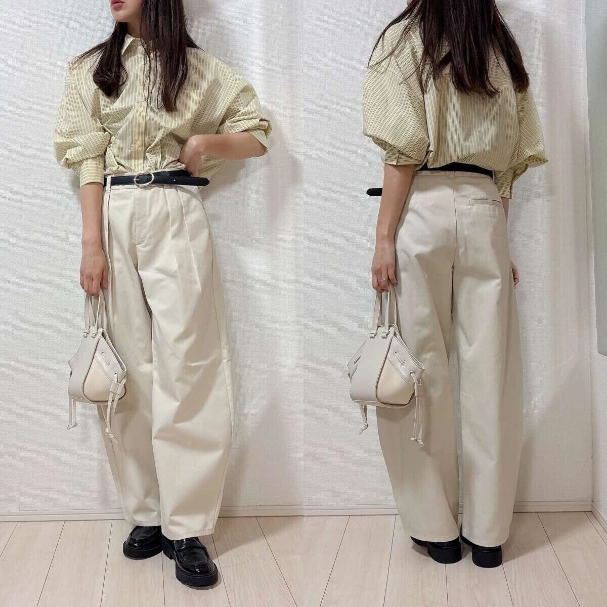 guチノタックバレルパンツナチュラルイエローストライプシャツきれいめコーデ