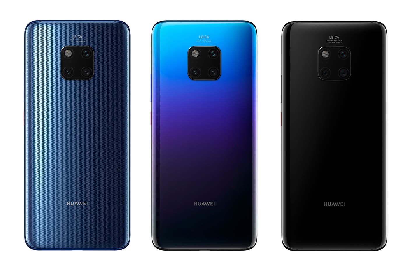 「HUAWEI Mate 20 Pro」は3色展開。左:ブルー、中:トワイライト(SIMフリーのみ)、右:ブラック(Softbankのみ)