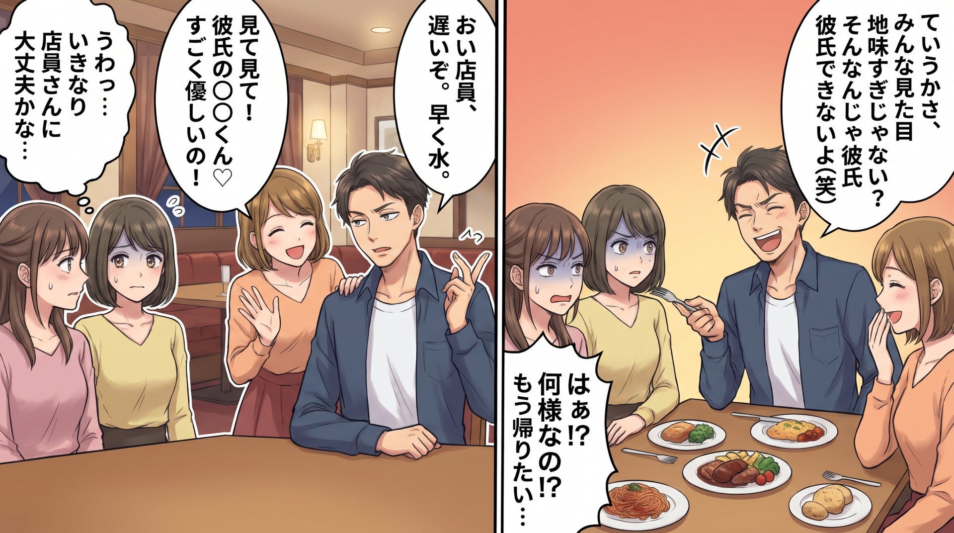 【最後にスカッと！】「そんなんじゃ彼氏できないよ（笑）」友人の彼氏を交えて食事会。しかし、自慢話ばかりの友人にうんざり…さらに彼氏にまで見下された私たちを救った、【意外な人物】とは！？