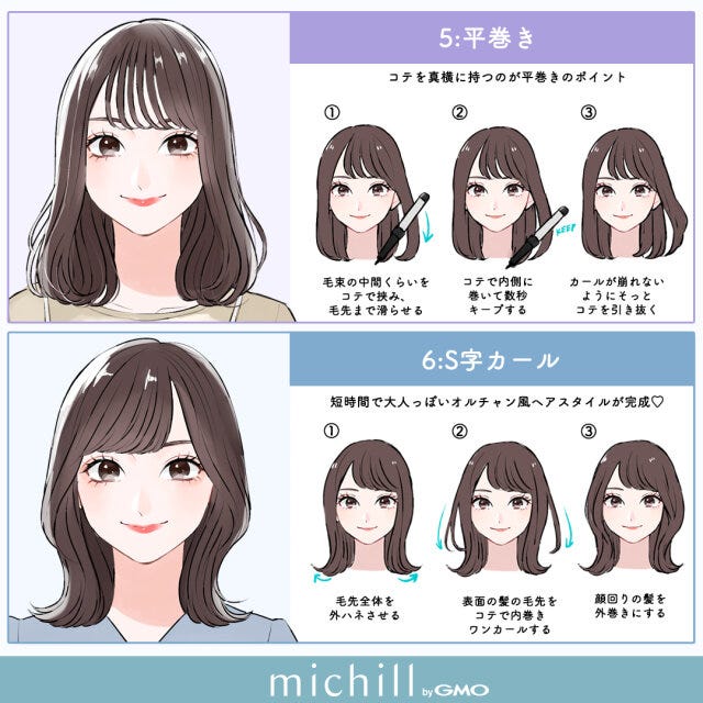 巻き髪　崩れにくい　梅雨　ミディアムさん向け　8style　あおいみのこ　イラスト　平巻き　S字カール