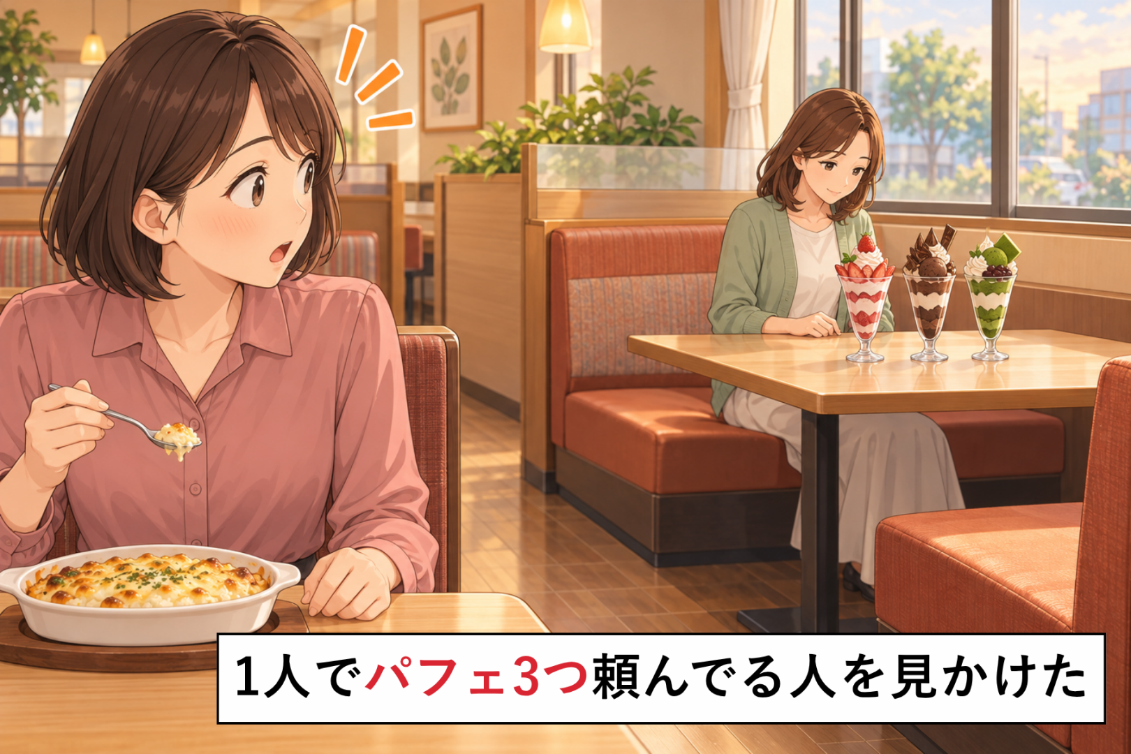 ファミレスで１人なのにパフェを３つ頼んだ女性→店員さんが去り際にかけた一言に、私まで泣きそうに