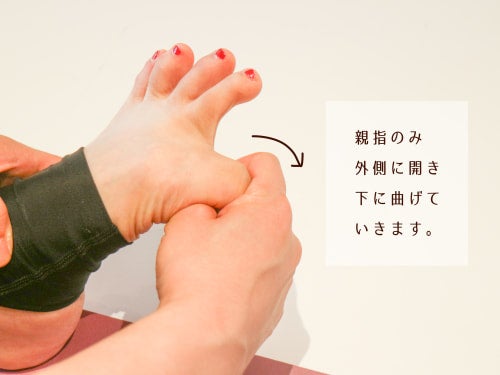 親指のみ外側に開き、下に曲げていきます。