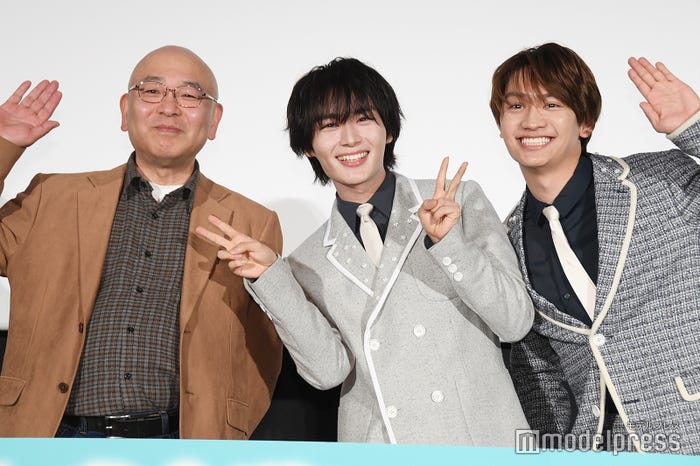 普段は可愛い声をしているが低い声も出せる大西流星、毎週とは言わないが1ヶ月に1回くらいはアニメにも出たい藤原丈一郎、そんな2人からアピールされた藤森雅也監督(C)モデルプレス