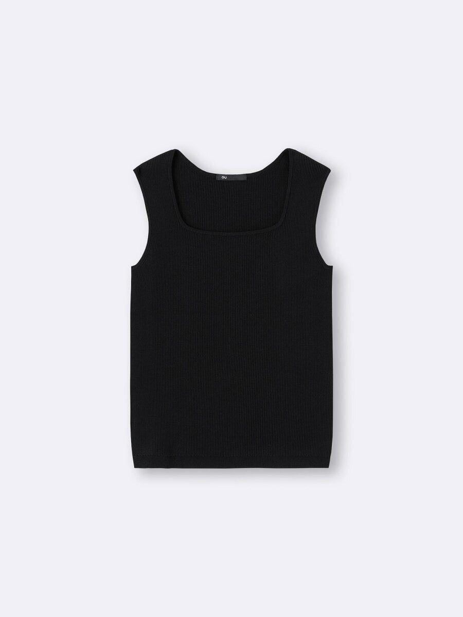 2026gu黒リブニットスクエアネックタンクトップ