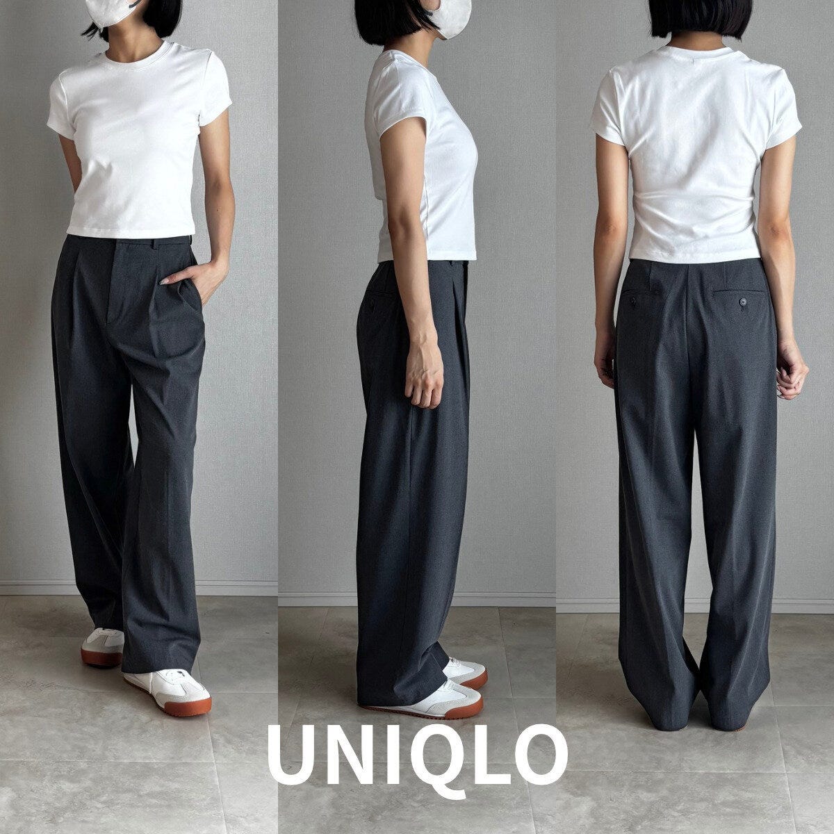 白Tシャツとユニクロのグレーワイドパンツを着用した女性の全身3方向