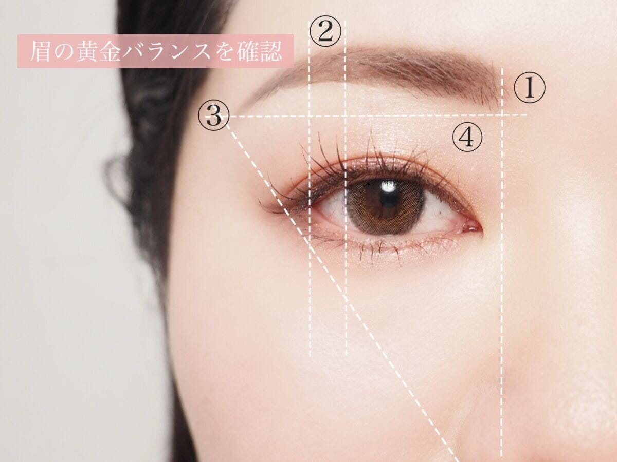 眉の黄金バランス①〜④の位置を白い破線で示した女性の眉と目元のアップ