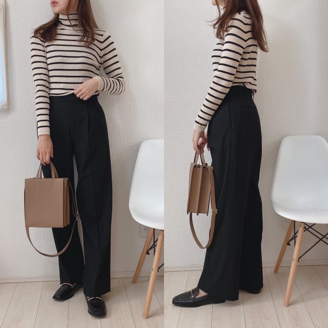 ユニクロ　タックワイドパンツ　コーデ　黒