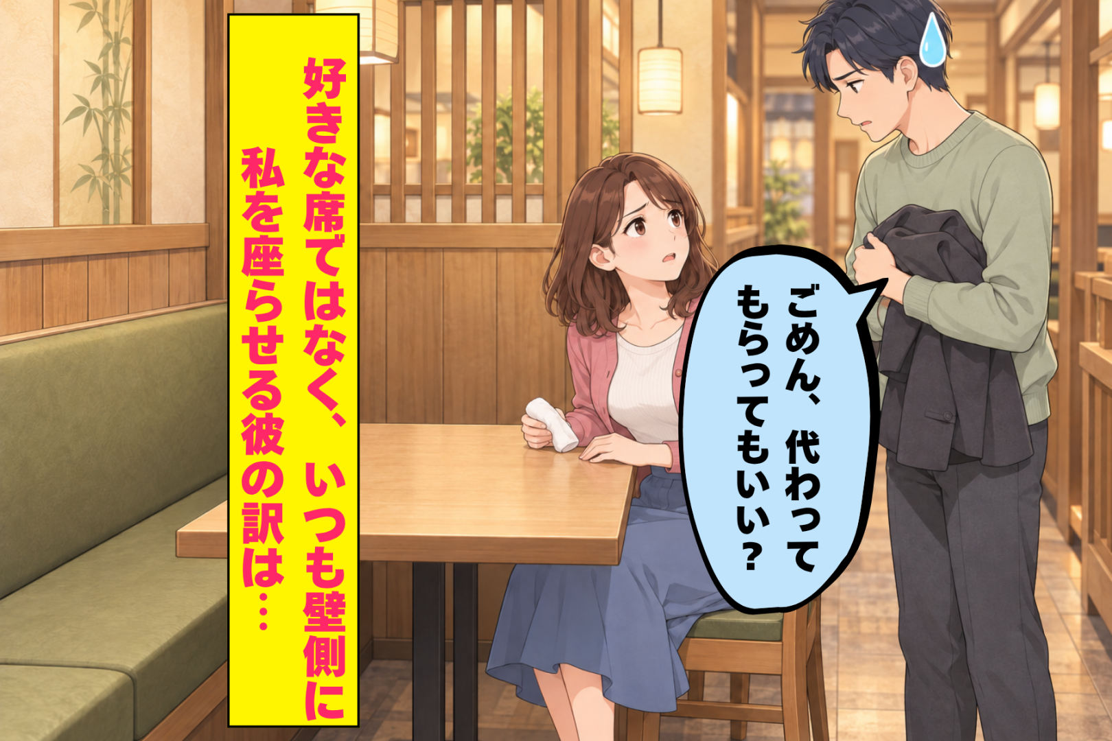 「好きな席でいいよ」と言う彼は、いつも私を壁側に座らせる。居酒屋で通路側に先に座った日のこと