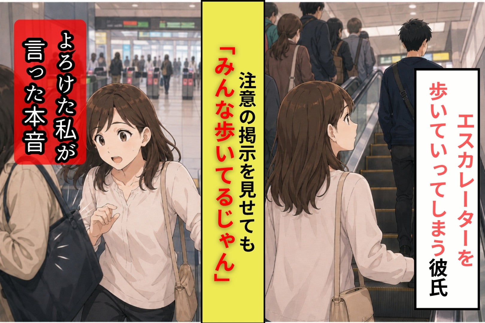 「みんな歩いてるじゃん」エスカレーターで先に行く彼、人混みでよろけた私が伝えた一言