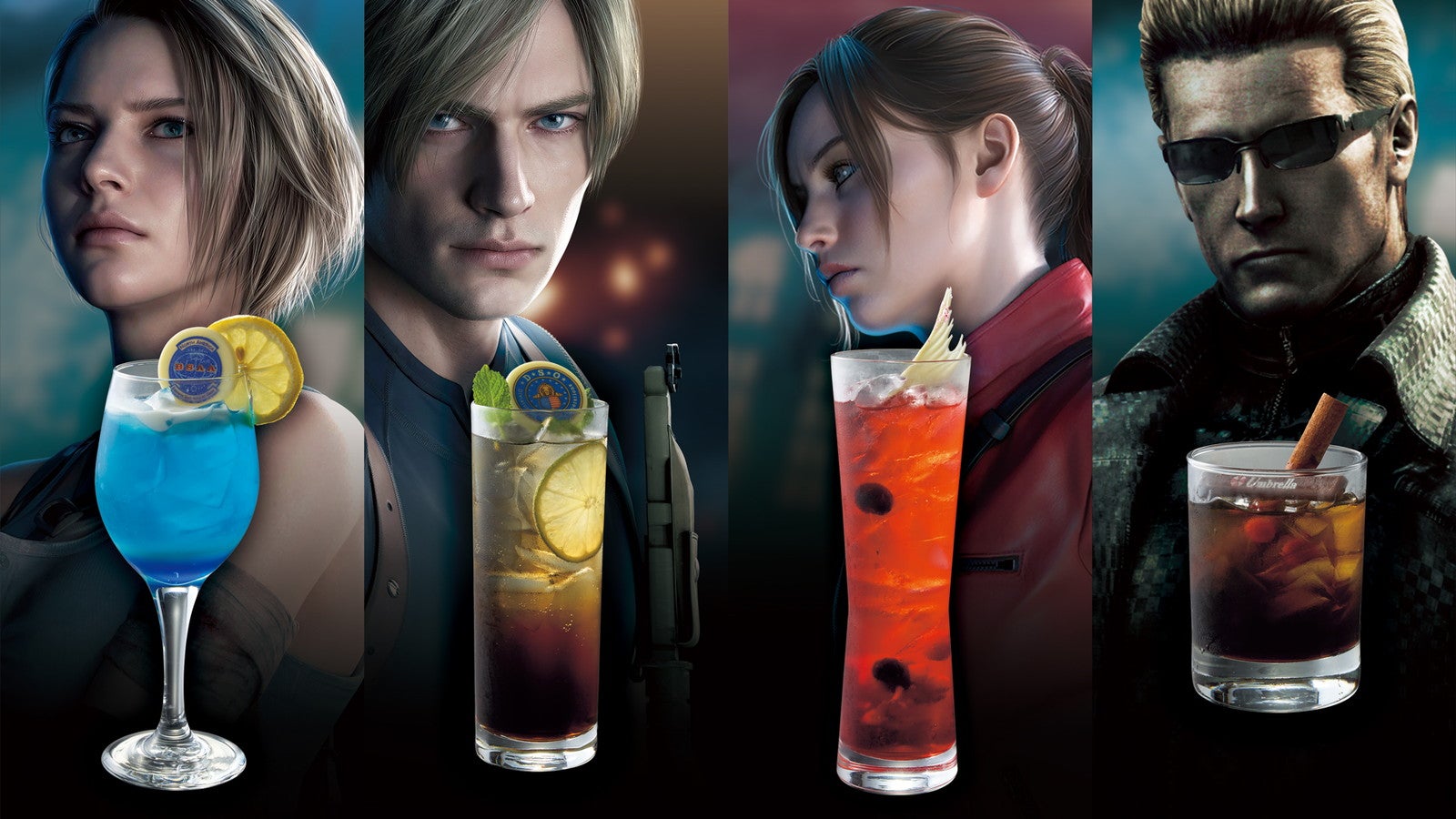『ジル・バレンタイン ～レモンジンジャエール～』『レオン・S・ケネディ ～コークモヒート～ 』『クレア・レッドフィールド ～ベリールージュソーダ～』『アルバート・ウェスカー ～スモークティ～』／画像提供：ユニバーサル・スタジオ・ジャパン
