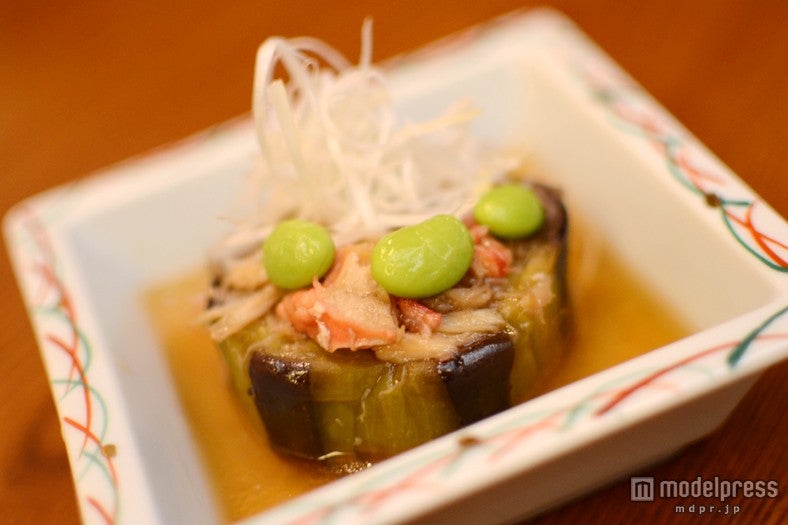 冷製米茄子の揚げ出し、蟹の土佐酢あんかけ