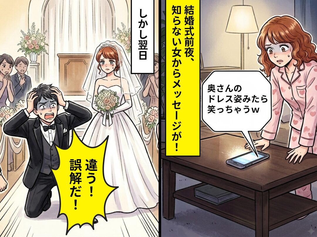 結婚式前日に…「ドレス姿見たら笑う」知らない女からのメッセージ！？しかし翌日⇒ゲストに囲まれた夫が青ざめたワケ