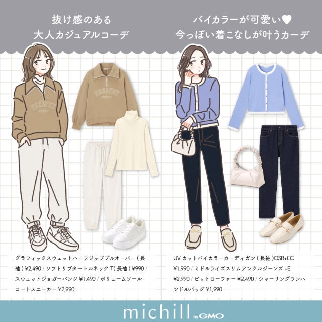 GU　着こなしパターン　6選　今っぽ見え　たむ　イラスト　ハーフジップ×ジョガーパンツ　カーデ×スリムパンツ