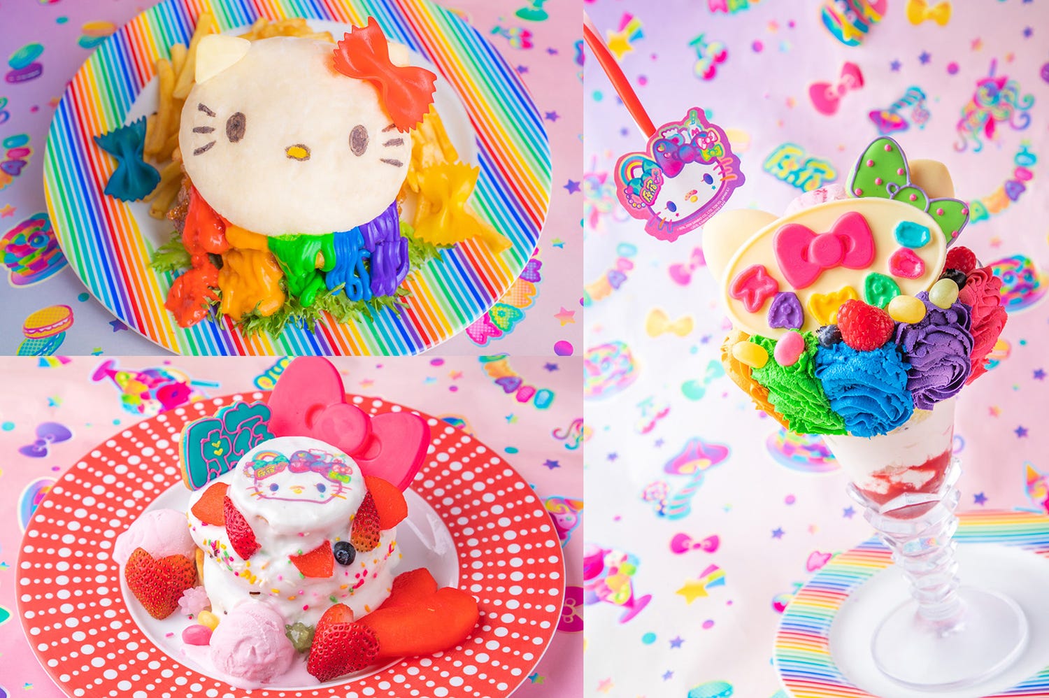 「ハローキティ」×「KAWAII MONSTER CAFE HARAJUKU」、レインボー色バーガー&パフェ登場 完全予約制の特別ルームも