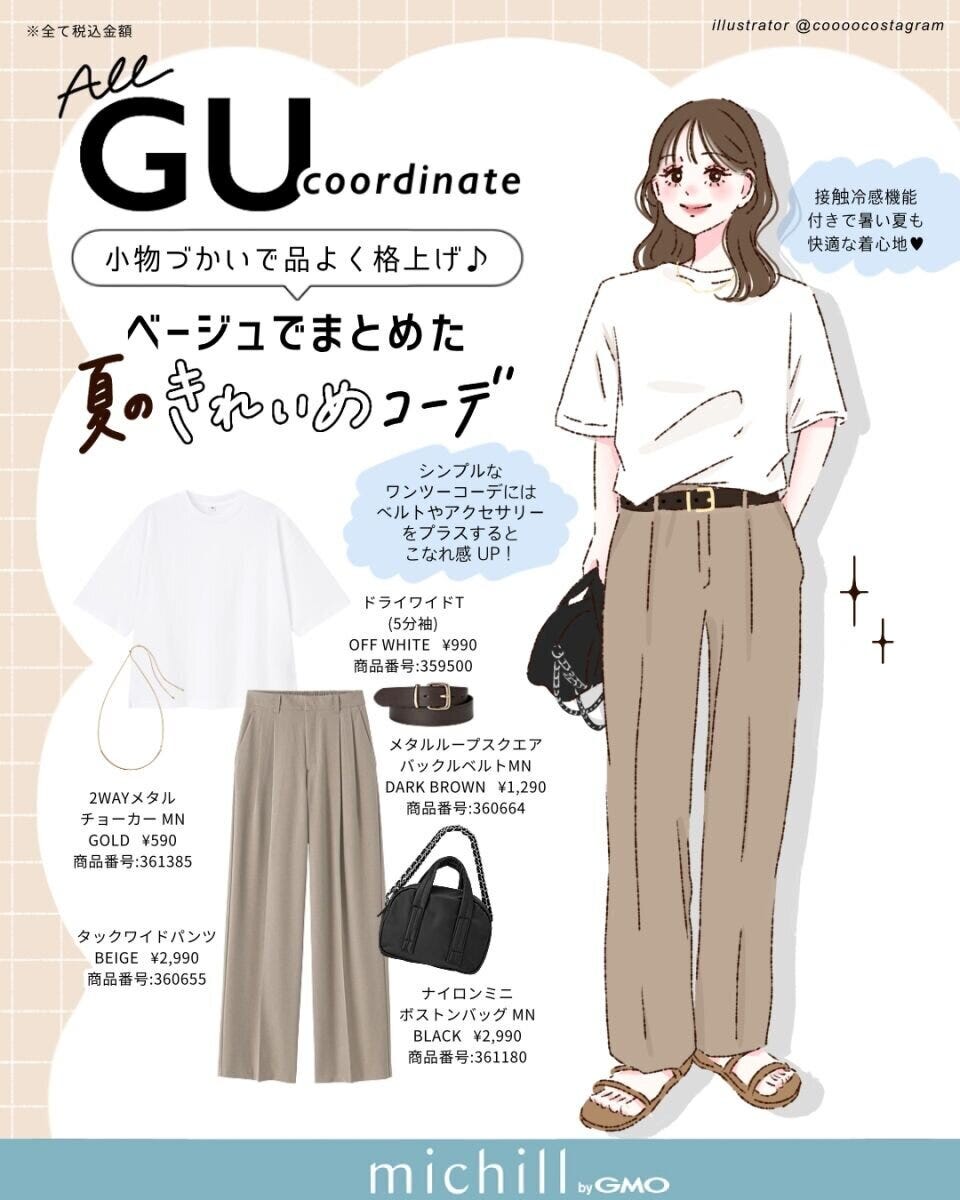 GUのアイテムを使った夏の1週間コーデのイラストと商品情報 GUのアイテムを使った夏の1週間コーデのイラストと商品情報