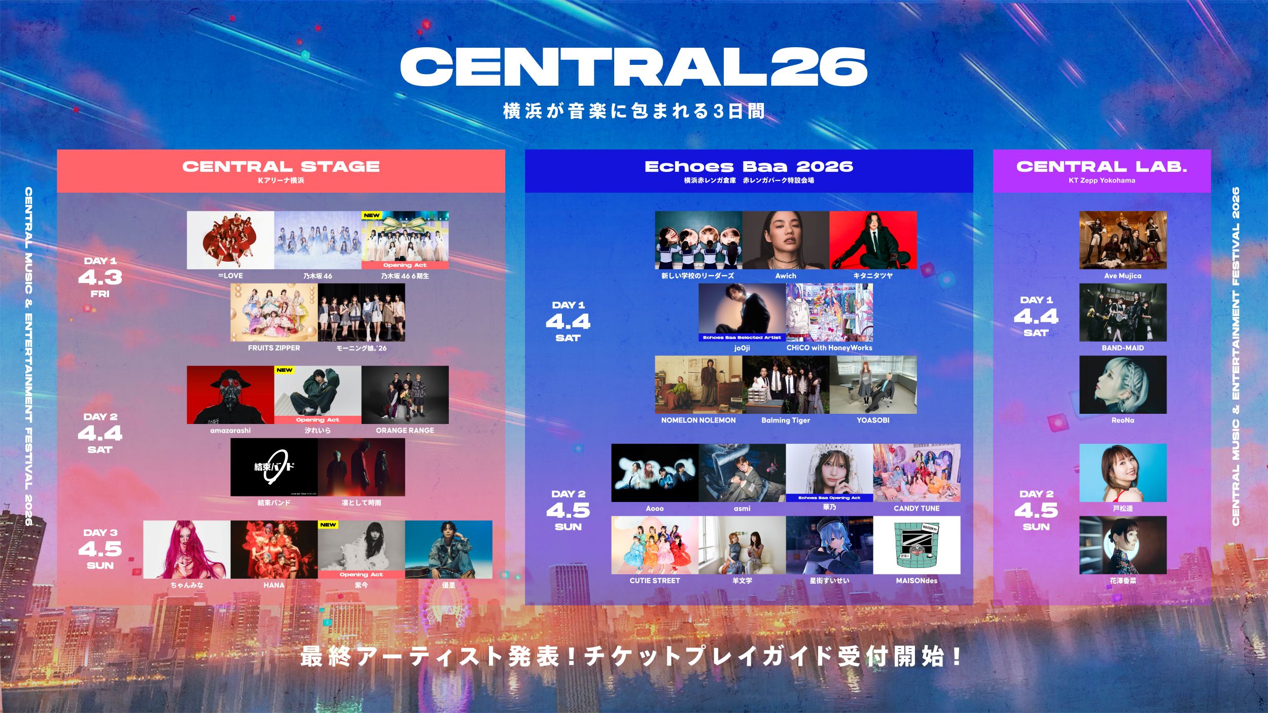 都市型フェス「CENTRAL 2026」最終出演アーティスト＆タイムテーブル解禁【一覧】