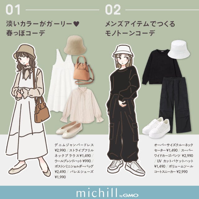 GU　全身コーデ　春ファッション　6パターン　たむ　イラスト　春っ歩ガーリー　ハンサムスポーティー