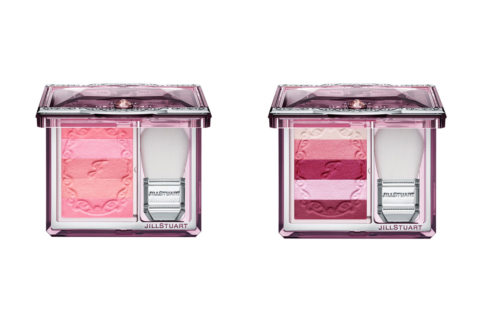 ジルスチュアート　ブルーミングデュー オイルインブラッシュ（左から）06 sweet
 camellia、07 seductive mum／画像提供：JILL STUART Beauty