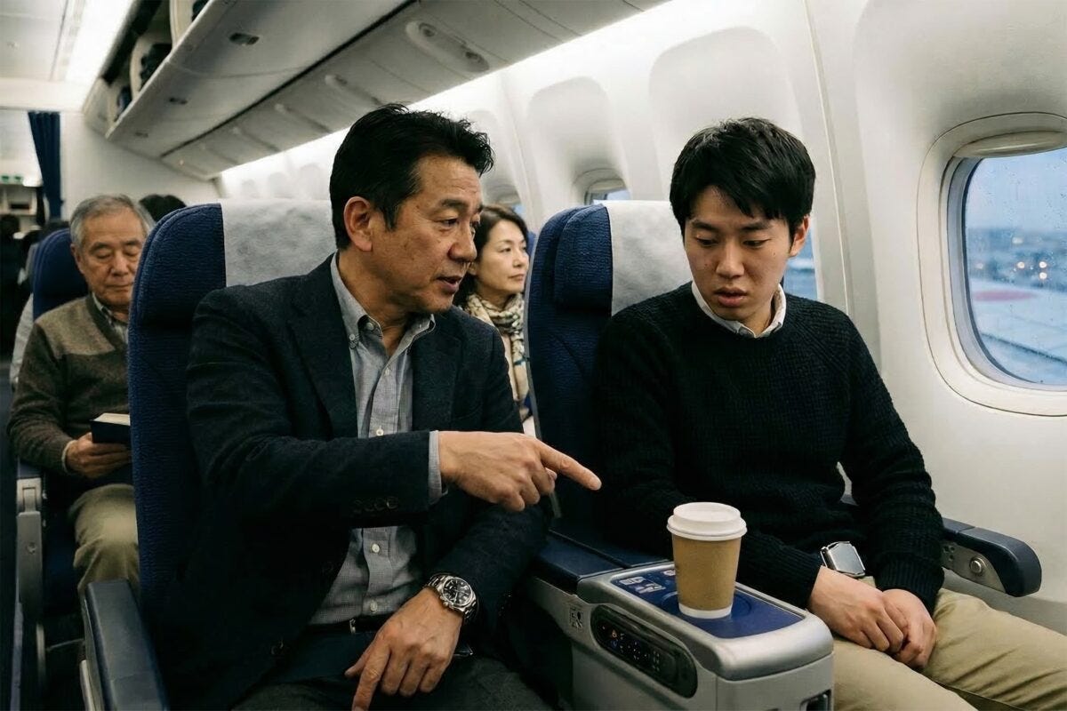 着陸時にコーヒーを置いたままにして隣人から注意を受けるイメージ