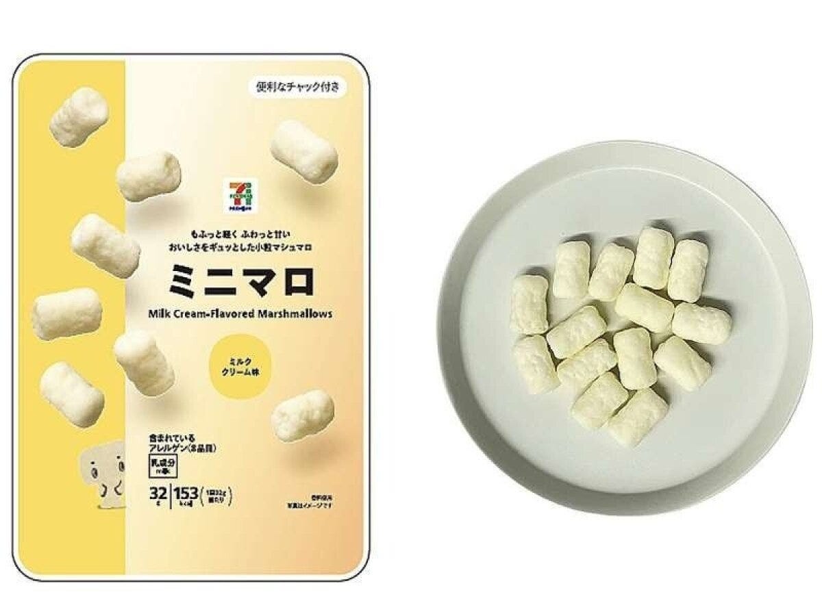 セブンプレミアムミニマロミルククリーム味のパッケージと、白い皿に盛られたミニマロ