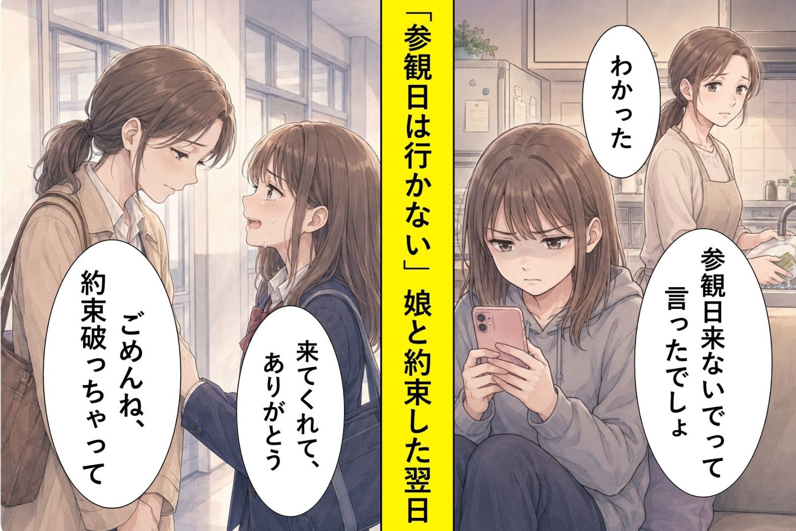 「行かないよ」と娘に約束した翌日、私はこっそり廊下から見ていた→娘が言った一言