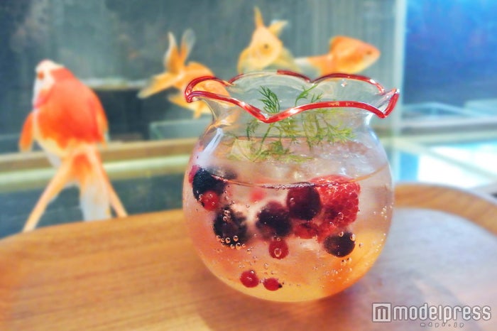 あんずやベリーを入れた「金魚ソーダ ~金魚鉢付き~」場所::ペンギンカフェ、750円(税込)/画像提供:すみだ水族館
