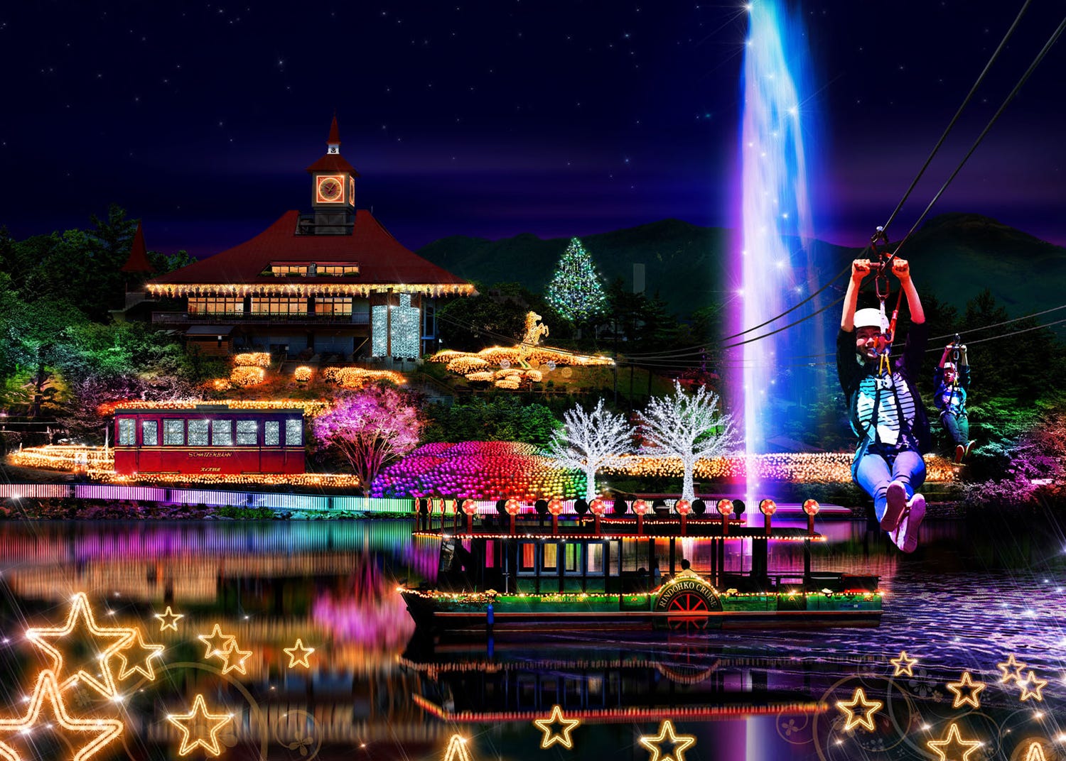 イルミネーションの中で遊べる「那須りんどう湖レイクビュー」が幻想的