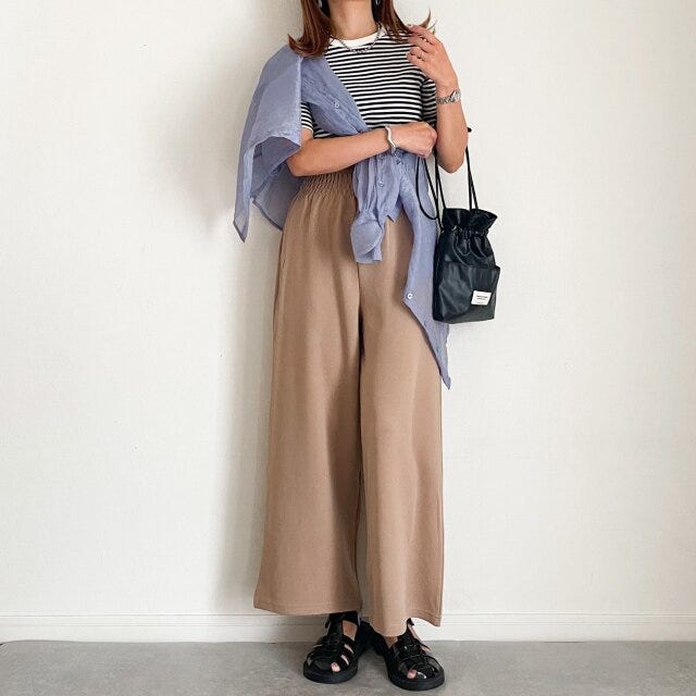 ユニクロ　リブボーダークルーネックT　ラフ　コーデ