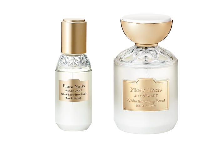 (左から)「ホワイトスノードロップ オードパルファン 20ml」、「同 100ml」(※肌が敏感な場合は直接つけず、肌着や衣服の裏地への使用を推奨)(C)Flora Notis JILL STUART