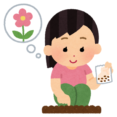 花の種を植えている女の子のイラスト(ガーデニング)