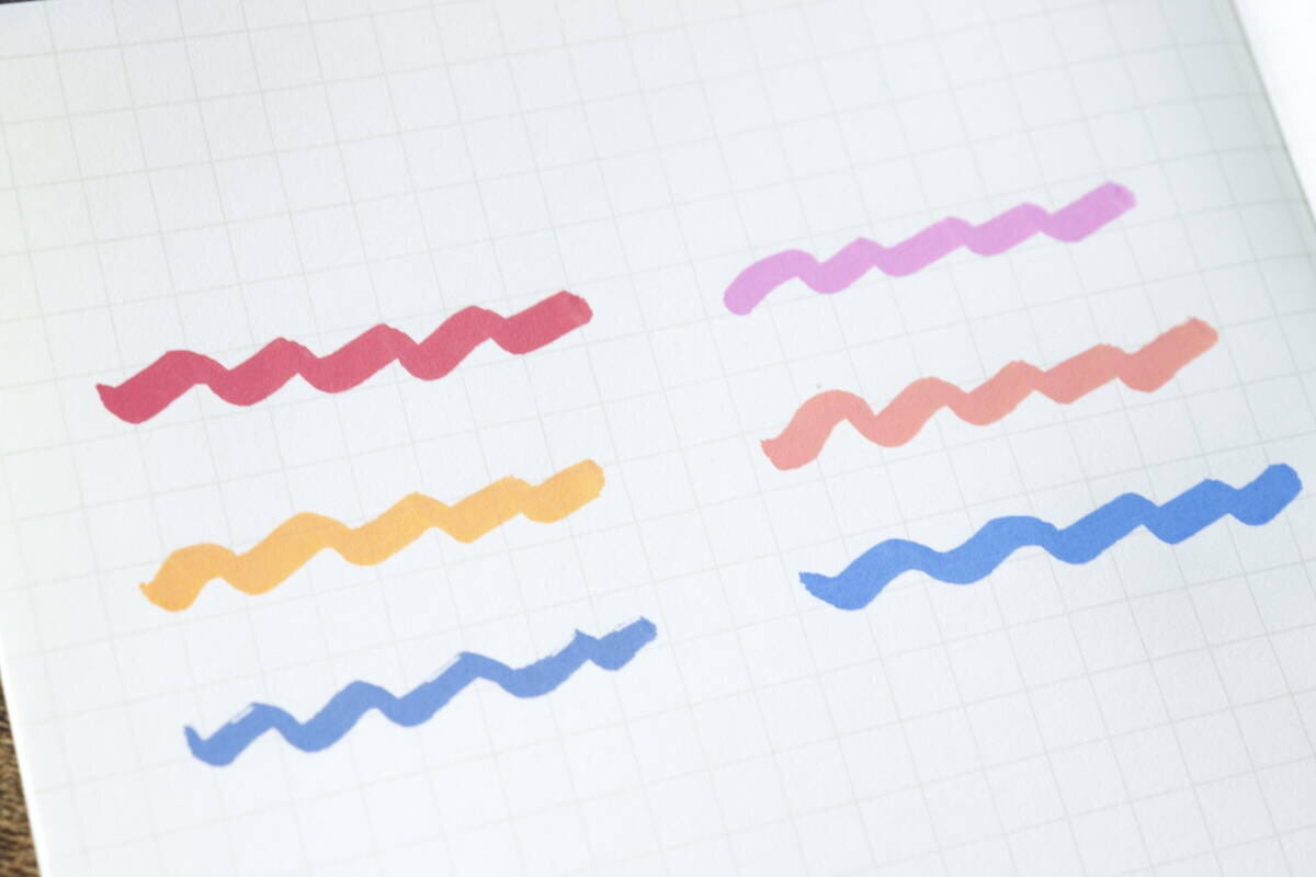 方眼紙に赤、オレンジ、青の3色のアクリルマーカーで波線が描かれている