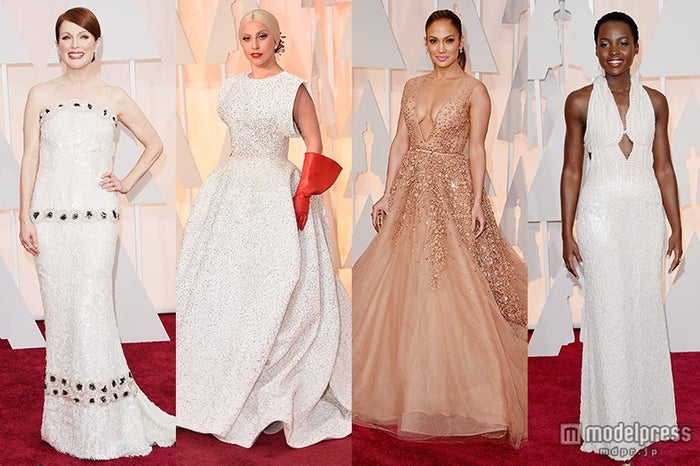 「アカデミー賞」レッドカーペットのトレンドチェック (左から)ジュリアン・ムーア、レディー・ガガ、ジェニファー・ロペス、ルピタ・ニョンゴ/photo:Getty Images【モデルプレス】